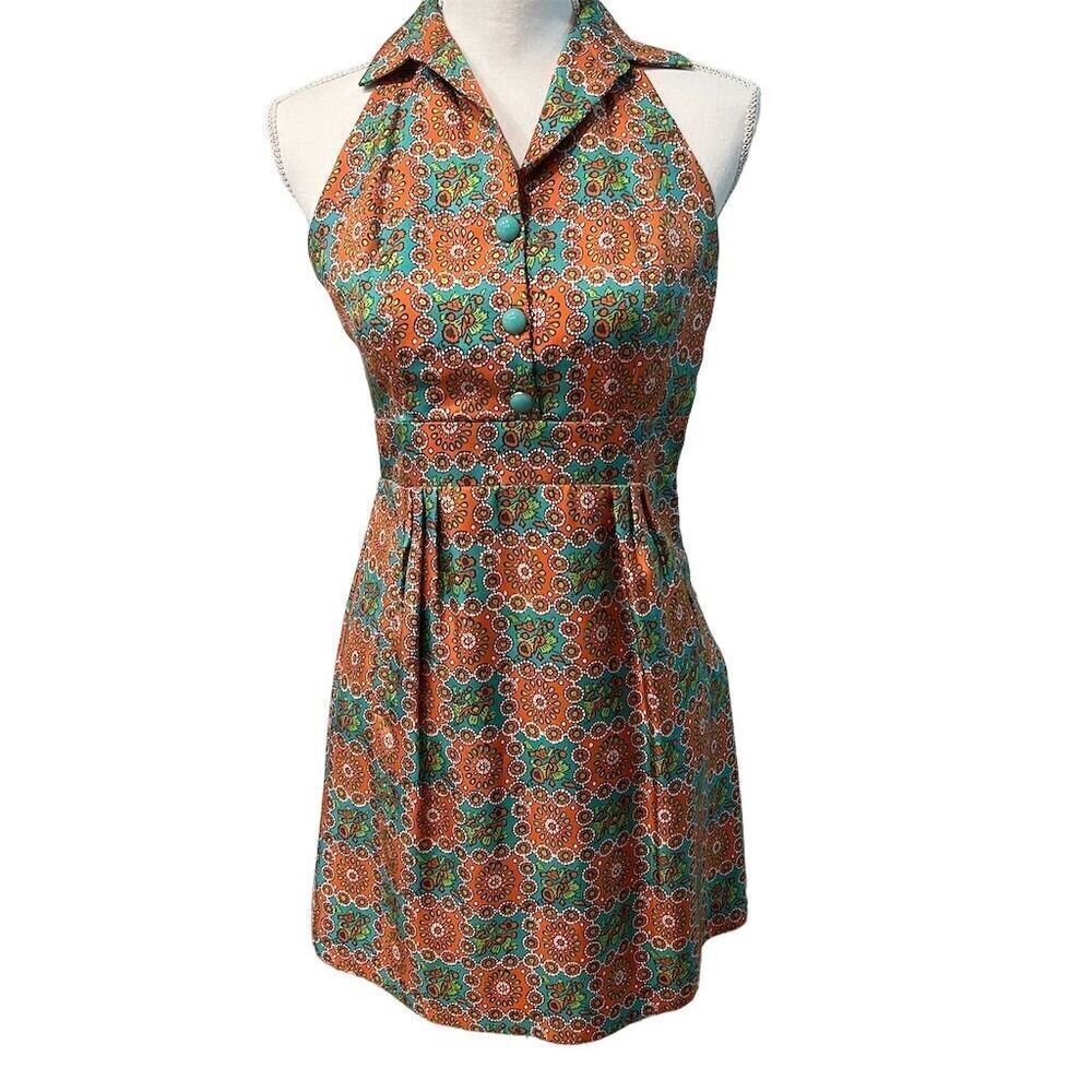 Anthropologie Leifsdottir Retro Halter Paisley Dress‎ Teal & Coral Silk Sz 0